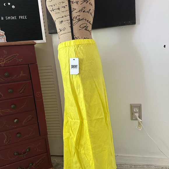 🆕DKNY Yellow Linen Fringe-Trim Midi Skirt - Picture 7 of 15